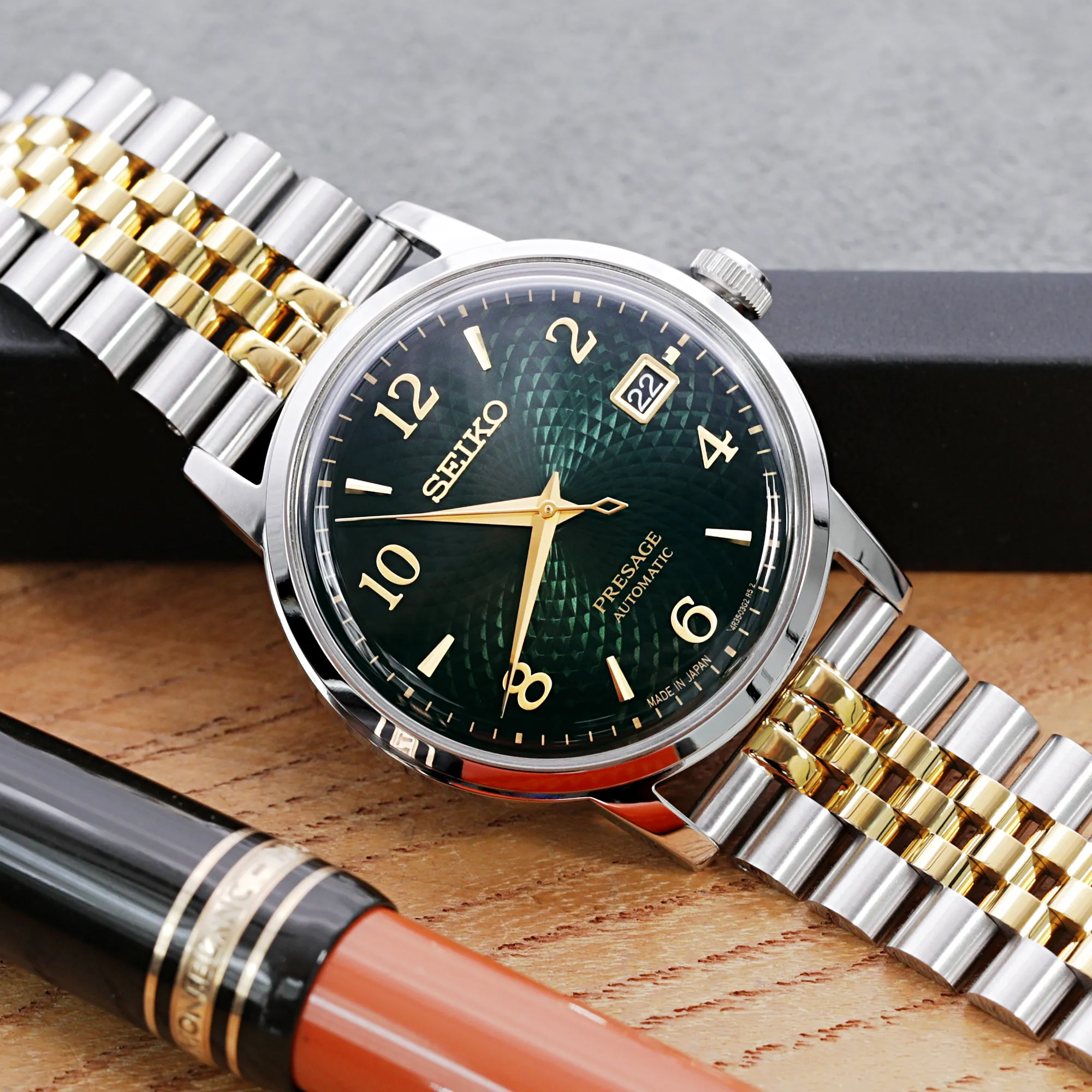 18mm, 19mm or 20mm Super-JUB II QR Watch Band Straight End Quick Release, 316L Stainless Steel Two Tone IP Gold V-Clasp