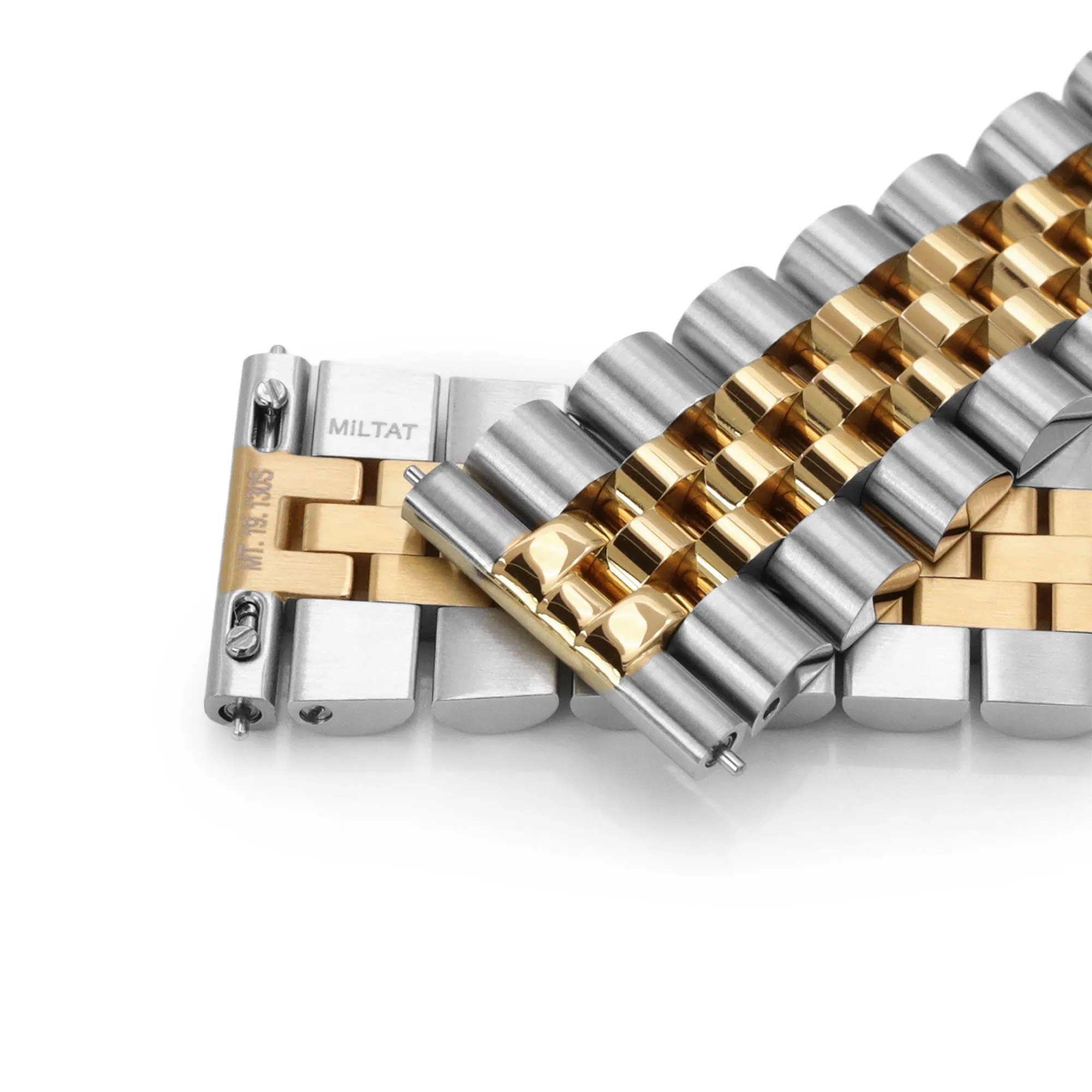 18mm, 19mm or 20mm Super-JUB II QR Watch Band Straight End Quick Release, 316L Stainless Steel Two Tone IP Gold V-Clasp