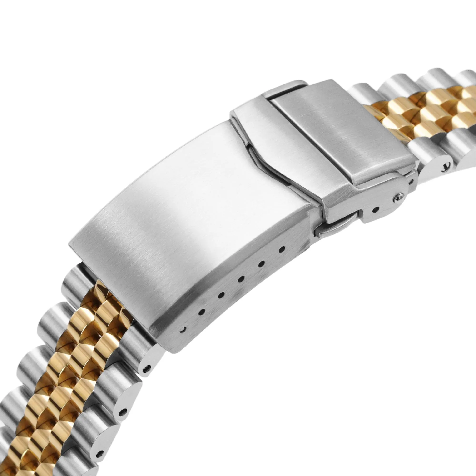 18mm, 19mm or 20mm Super-JUB II QR Watch Band Straight End Quick Release, 316L Stainless Steel Two Tone IP Gold V-Clasp