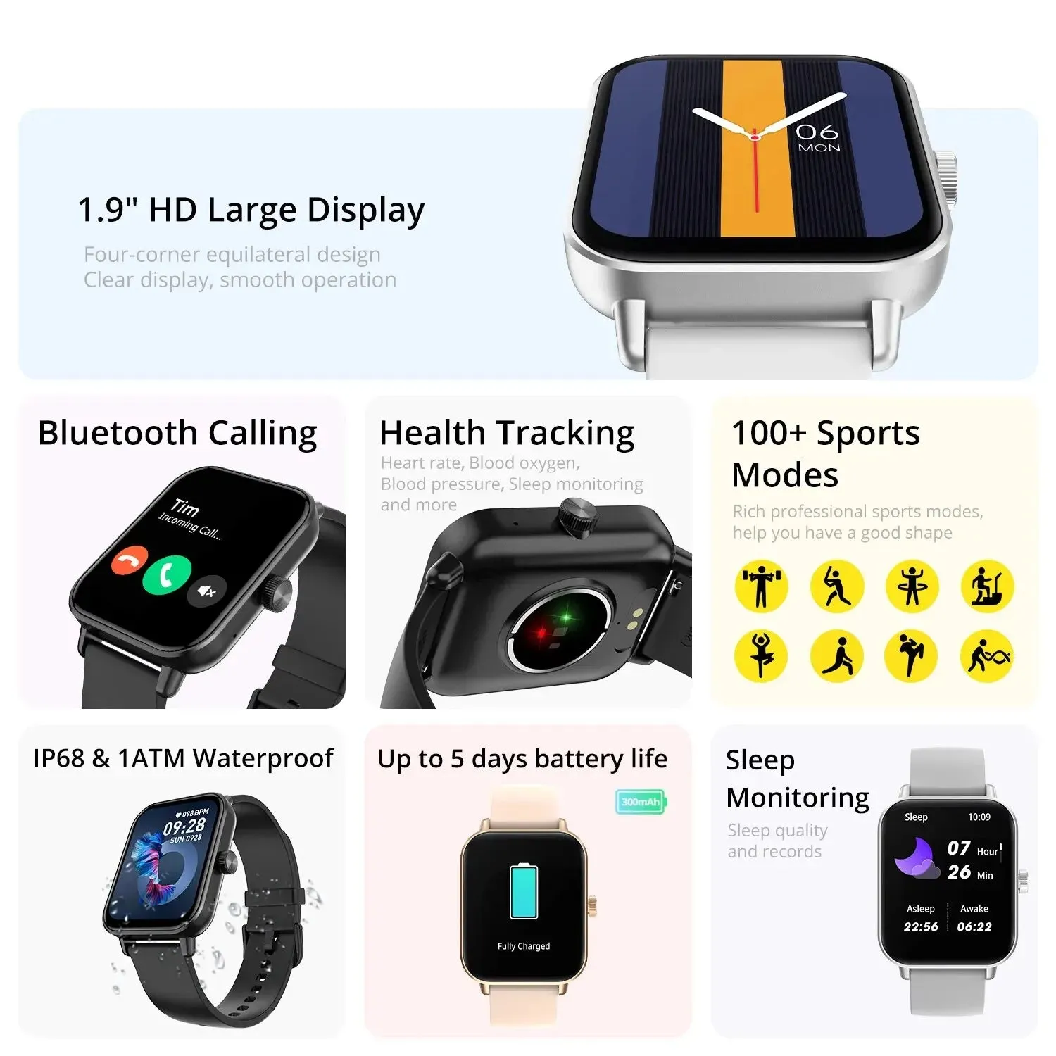 1.9 Inch Hd Screen Smartwatch With Voice Calling Health Monitor 100  Sports Modes 200  Faces