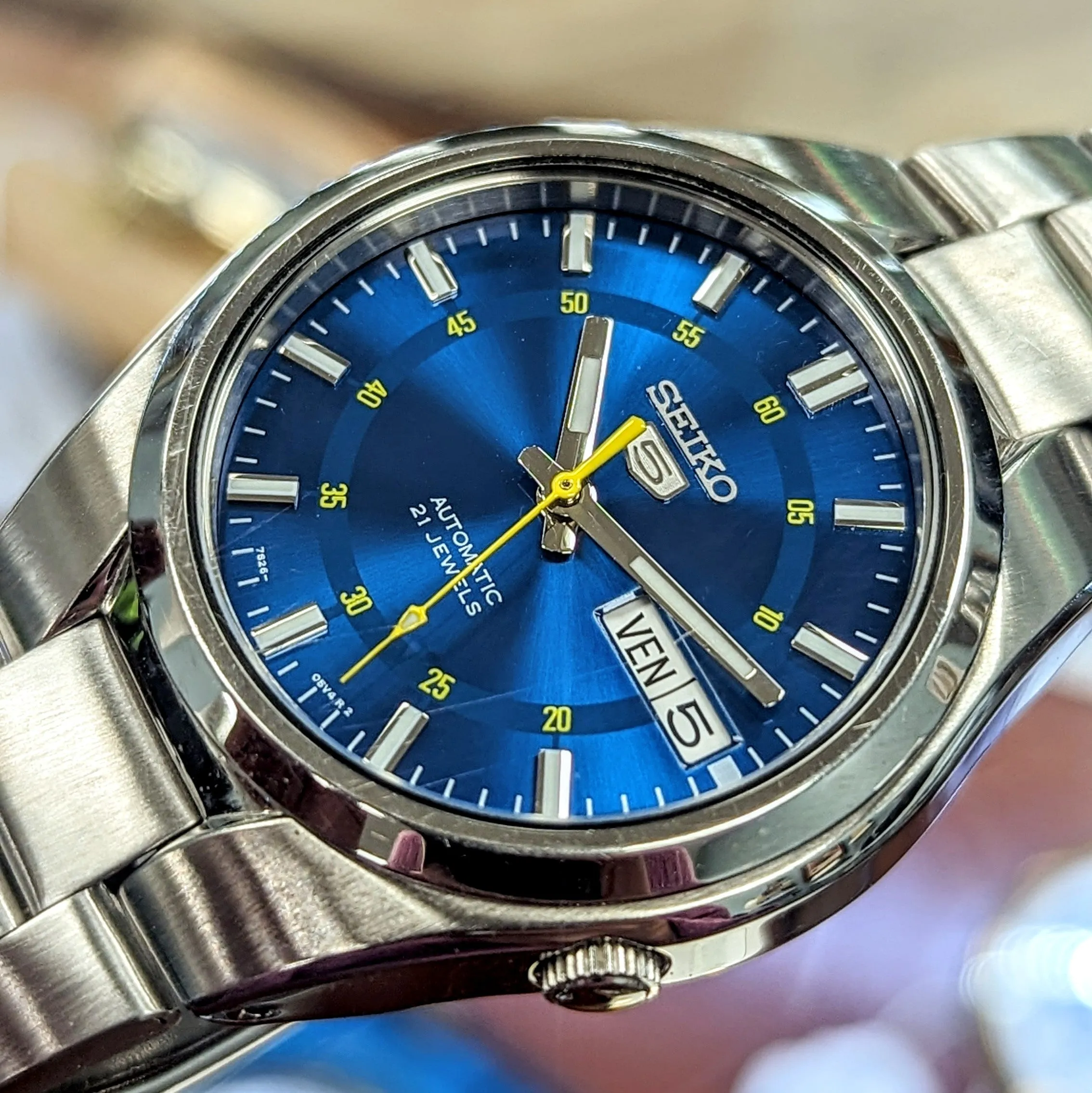 2016 SEIKO 5 Automatic Watch 21 Jewels 7S26-02F0 Blue Dial Display Back Wristwatch Day/Date