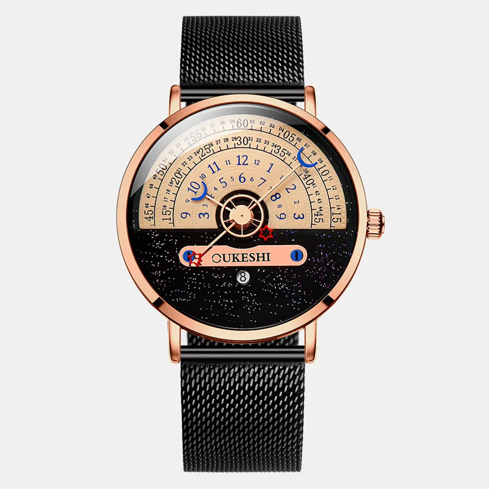 5 Colors Men's Stainless Steel Star Moon Half Roulette Time Display Calendar Quartz Watch