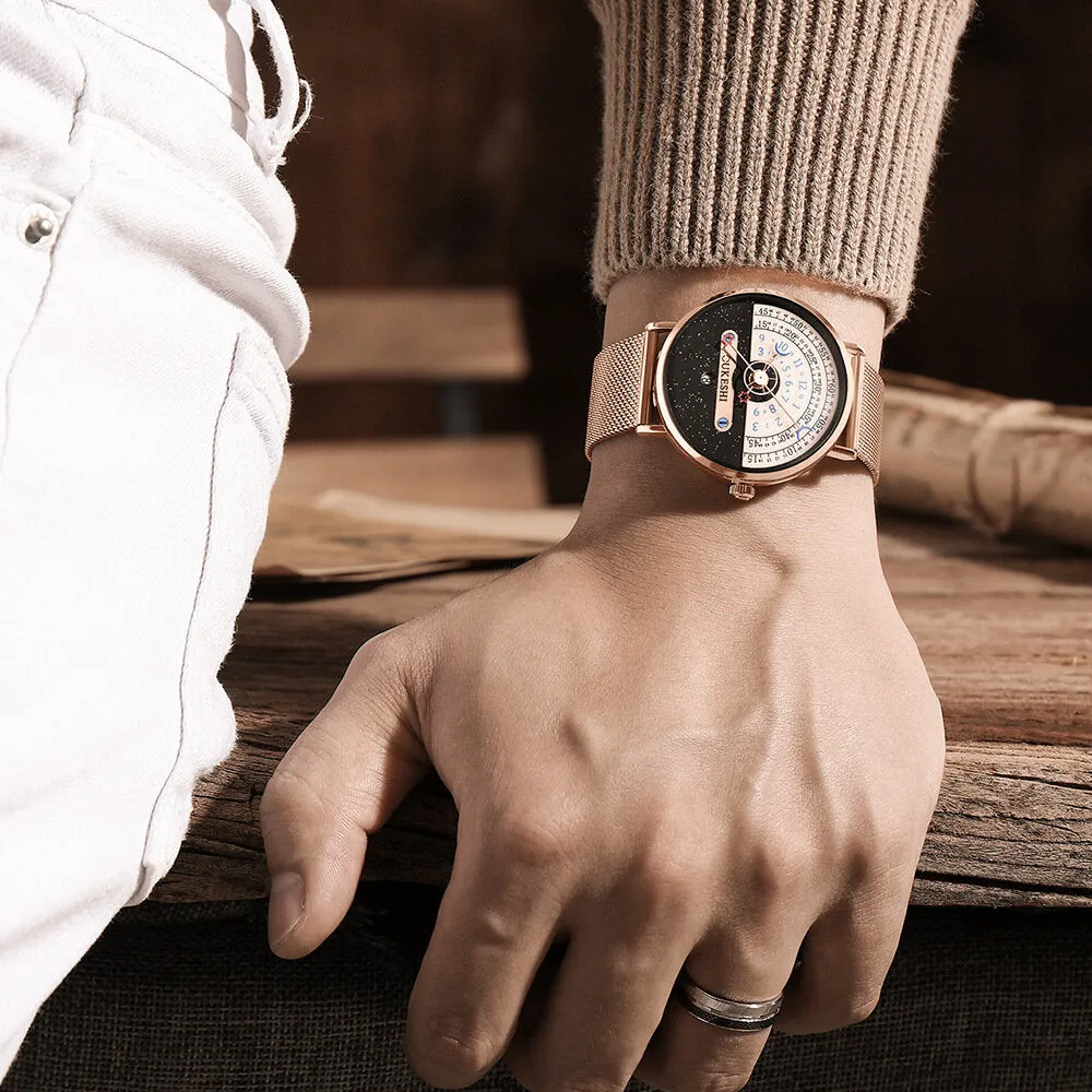 5 Colors Men's Stainless Steel Star Moon Half Roulette Time Display Calendar Quartz Watch