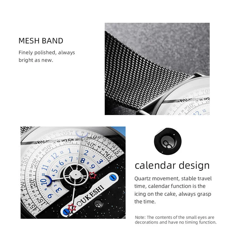 5 Colors Men's Stainless Steel Star Moon Half Roulette Time Display Calendar Quartz Watch