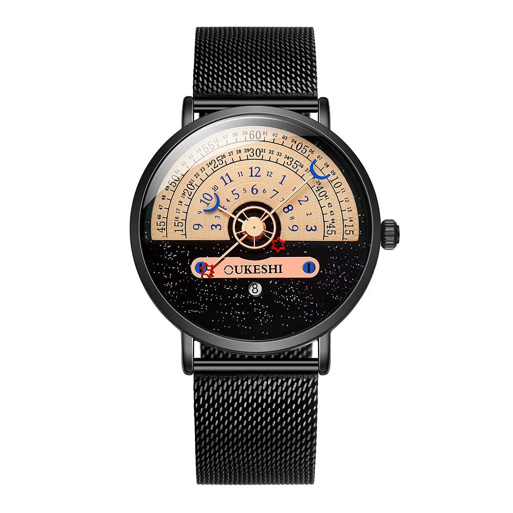 5 Colors Men's Stainless Steel Star Moon Half Roulette Time Display Calendar Quartz Watch
