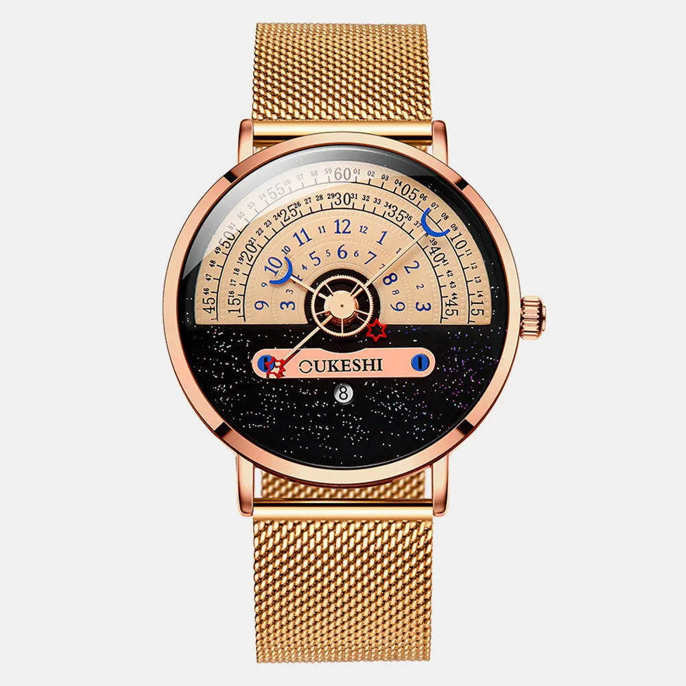 5 Colors Men's Stainless Steel Star Moon Half Roulette Time Display Calendar Quartz Watch