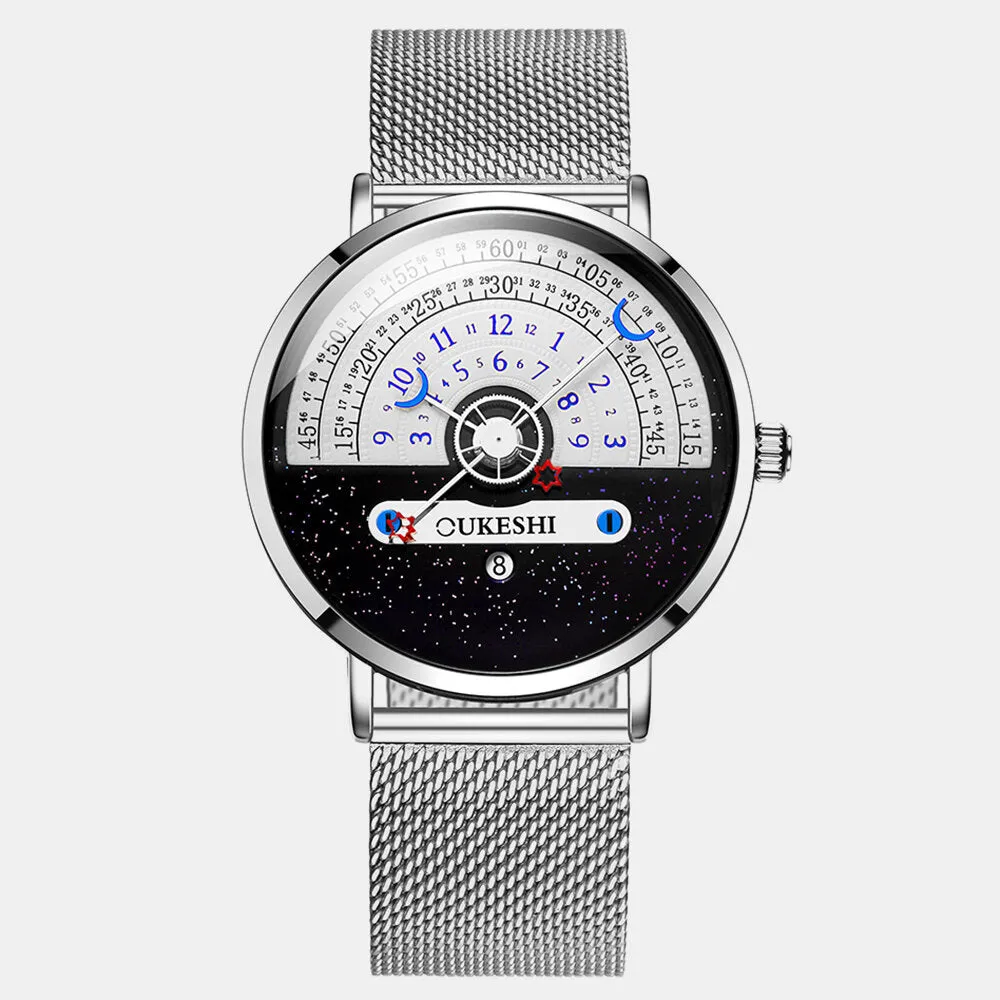 5 Colors Men's Stainless Steel Star Moon Half Roulette Time Display Calendar Quartz Watch