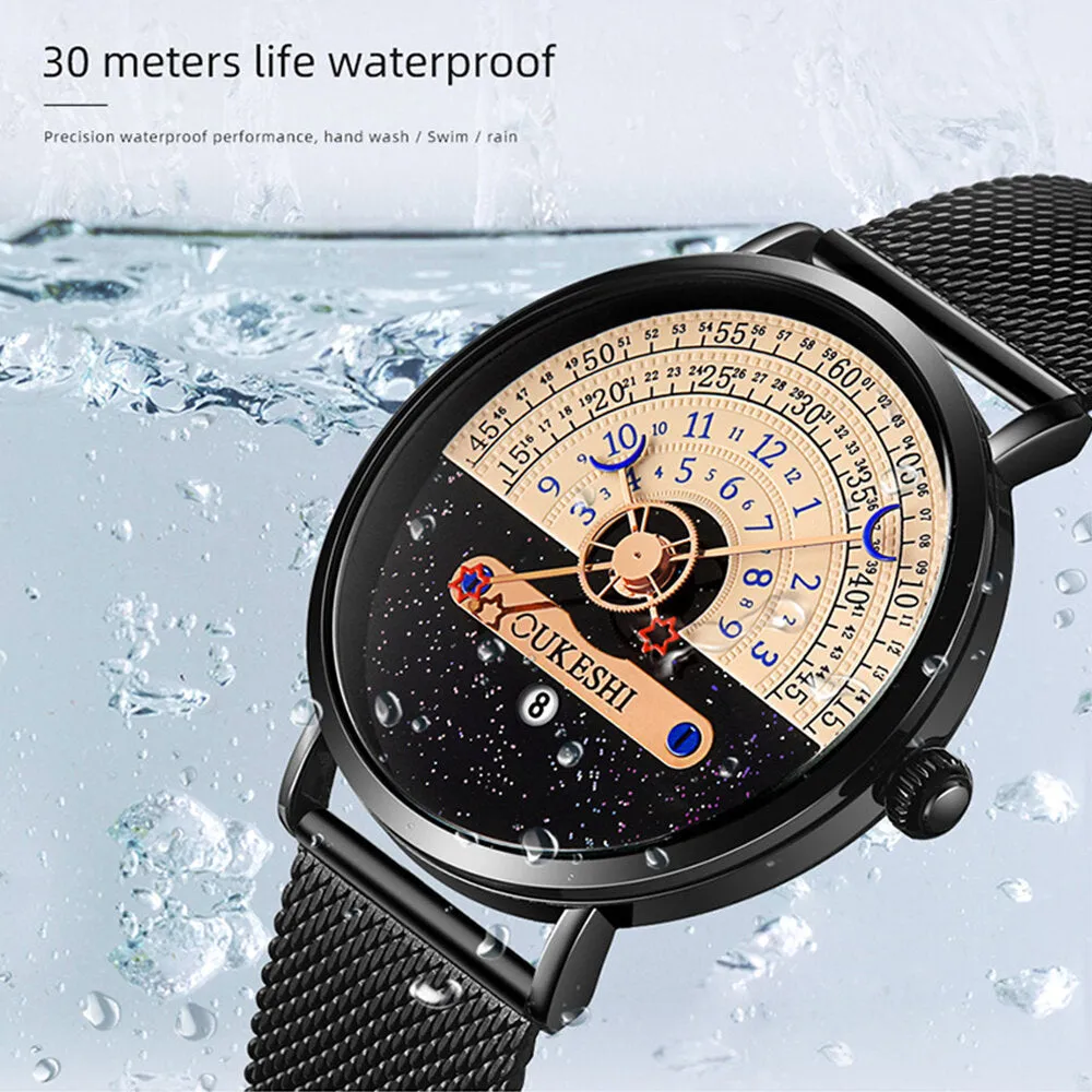 5 Colors Men's Stainless Steel Star Moon Half Roulette Time Display Calendar Quartz Watch