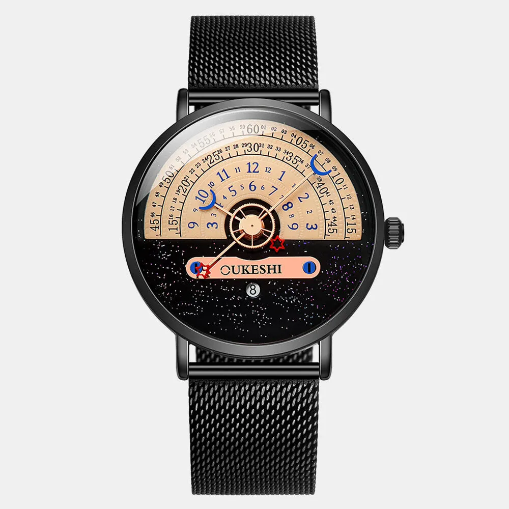 5 Colors Men's Stainless Steel Star Moon Half Roulette Time Display Calendar Quartz Watch