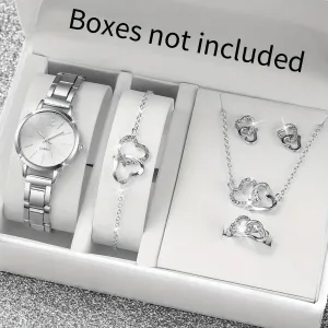 6pcs Women's Quartz Watch & Heart Rhinestone Jewelry Set