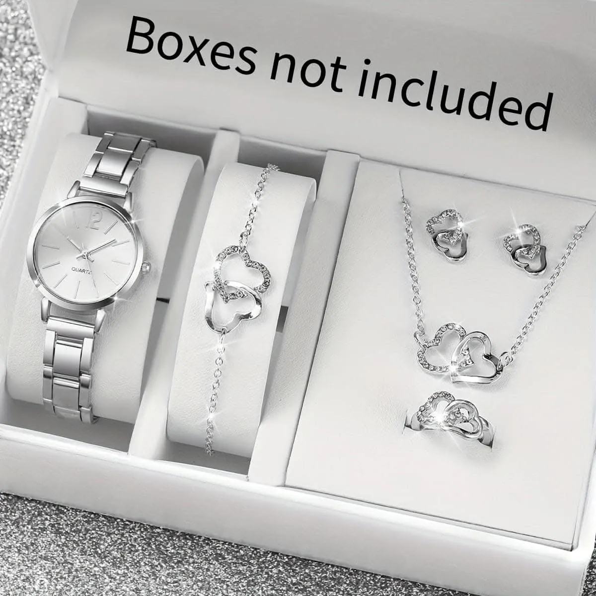 6pcs Women's Quartz Watch & Heart Rhinestone Jewelry Set