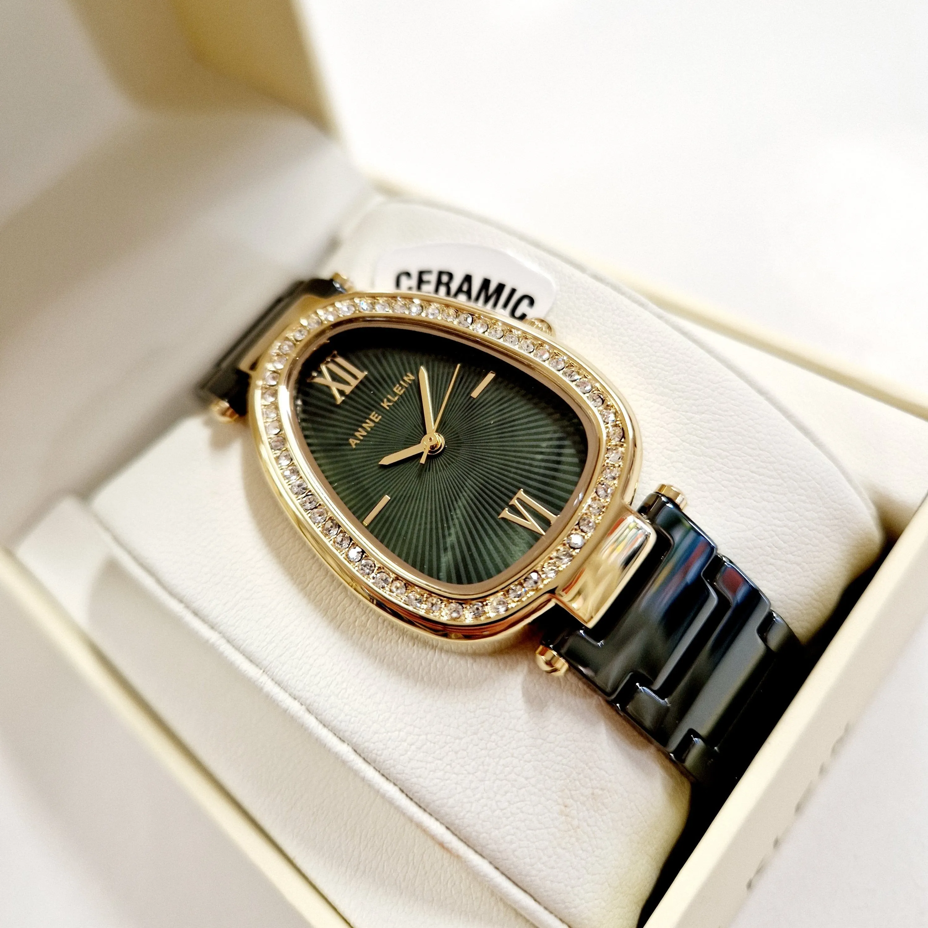 Anne Klein Green Oval Ceramic Gold Watch