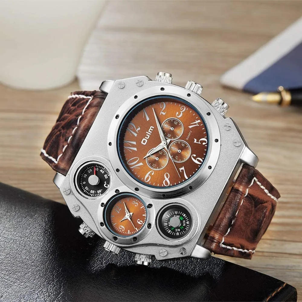 Avaner Mens Big Face Dual Time Zone Leather Strap Sport Watch
