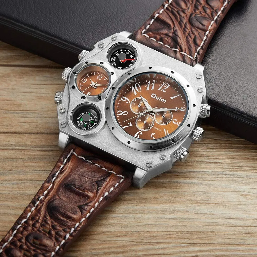 Avaner Mens Big Face Dual Time Zone Leather Strap Sport Watch