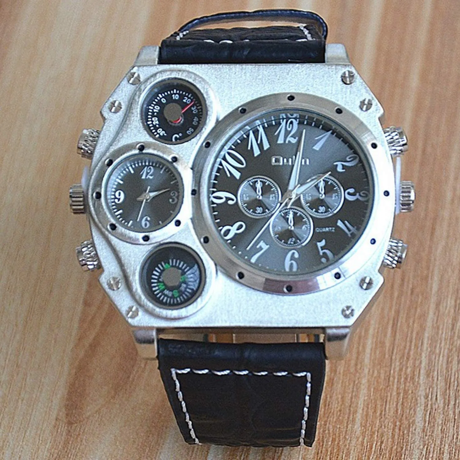 Avaner Mens Big Face Dual Time Zone Leather Strap Sport Watch
