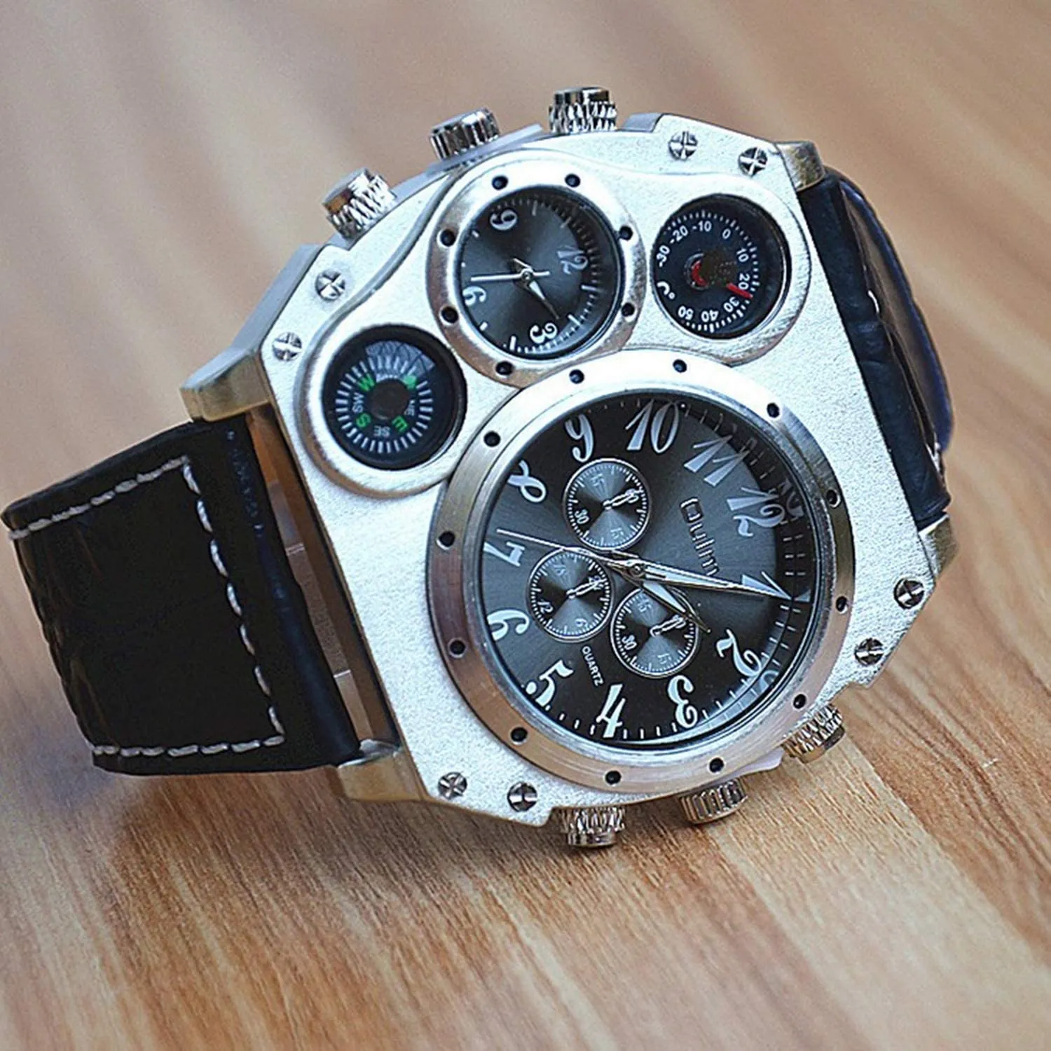 Avaner Mens Big Face Dual Time Zone Leather Strap Sport Watch
