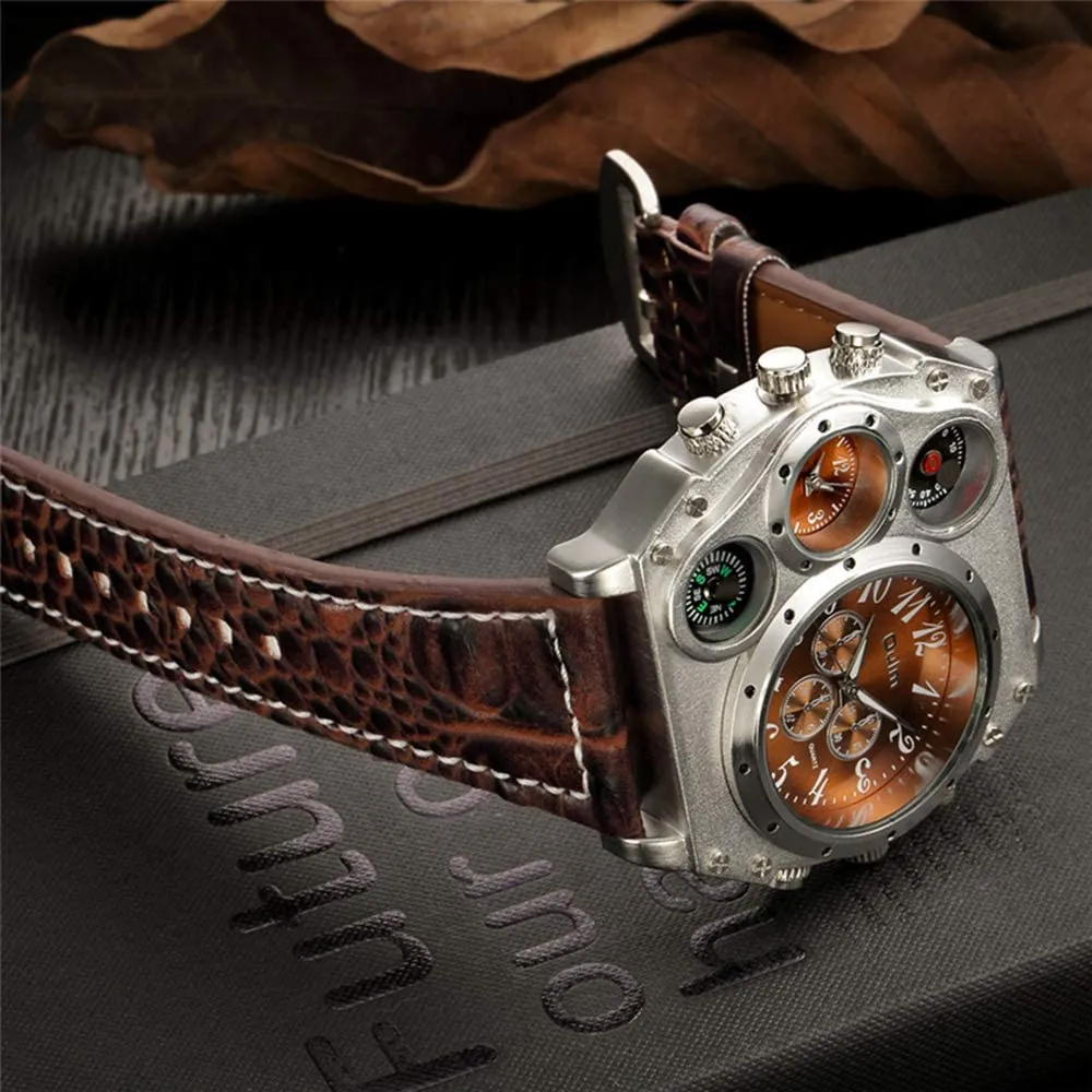 Avaner Mens Big Face Dual Time Zone Leather Strap Sport Watch