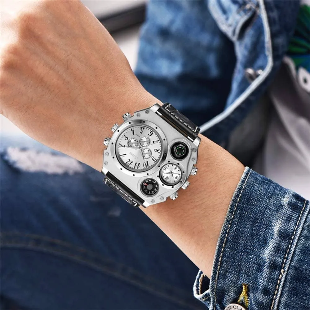 Avaner Mens Big Face Dual Time Zone Leather Strap Sport Watch