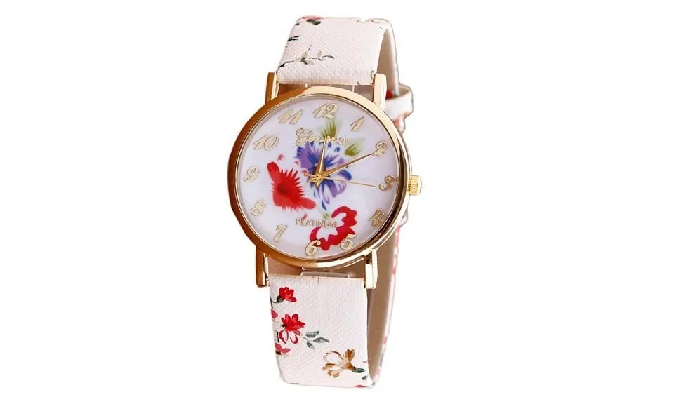 Beautiful Flower Patterns Leather Watch for Women's Casual Quartz Wristwatches with Auto Date