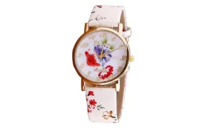 Beautiful Flower Patterns Leather Watch for Women's Casual Quartz Wristwatches with Auto Date