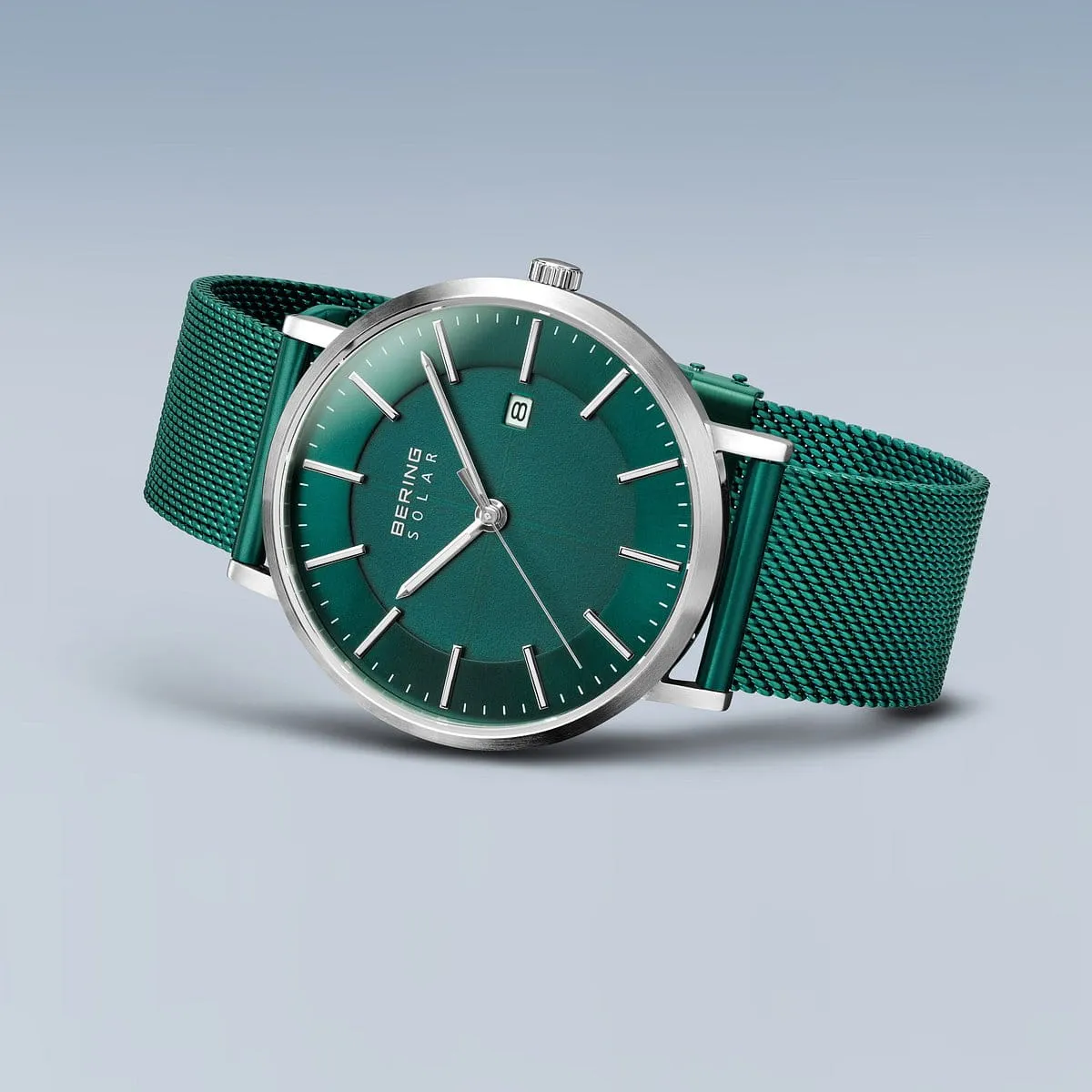 Bering Green Stainless Steel Mesh Solar Watch with Green Dial