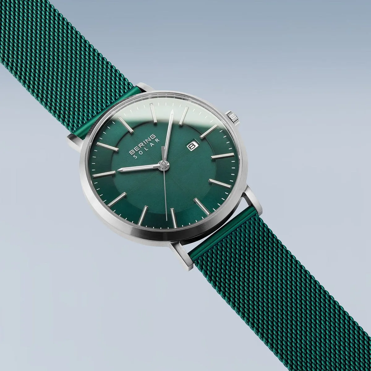 Bering Green Stainless Steel Mesh Solar Watch with Green Dial
