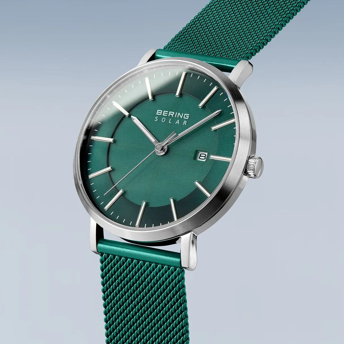 Bering Green Stainless Steel Mesh Solar Watch with Green Dial