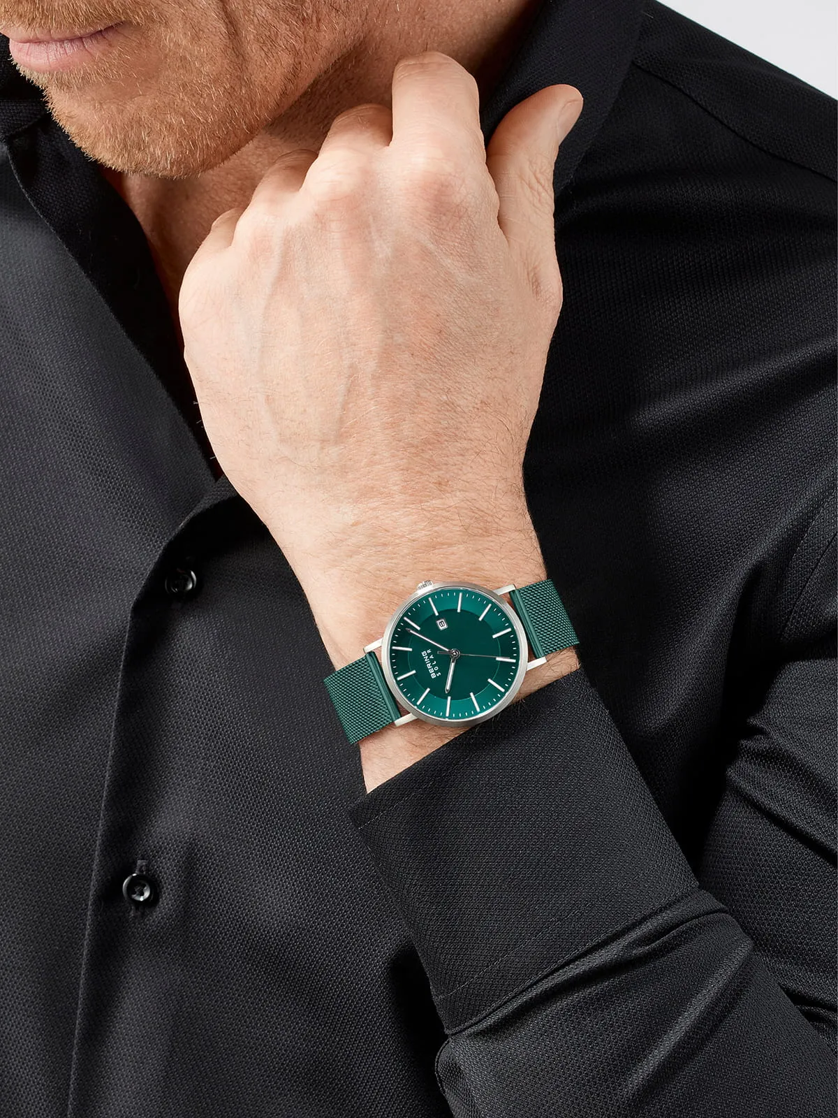 Bering Green Stainless Steel Mesh Solar Watch with Green Dial