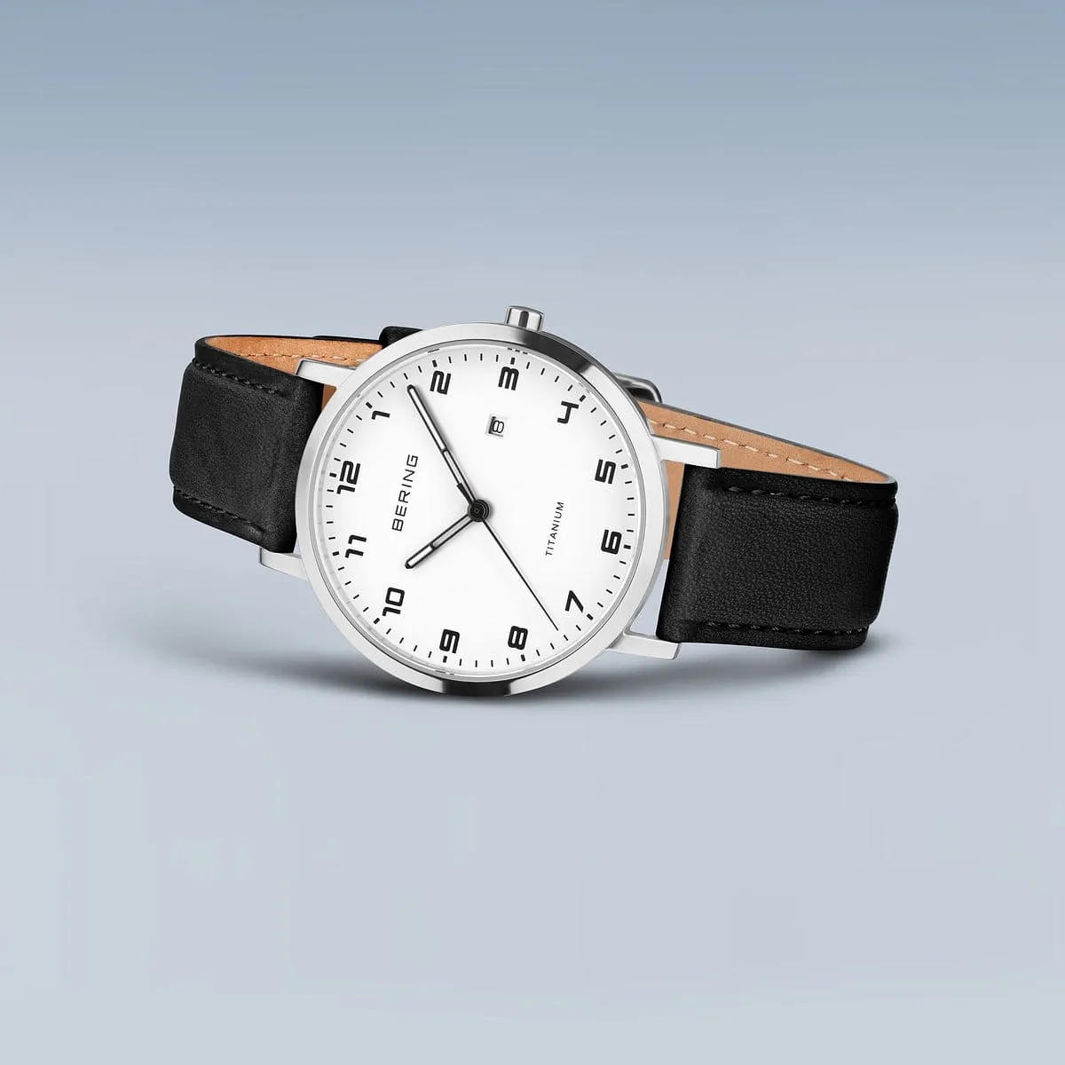 Bering Titanium White Dial & Black Leather Strap Watch