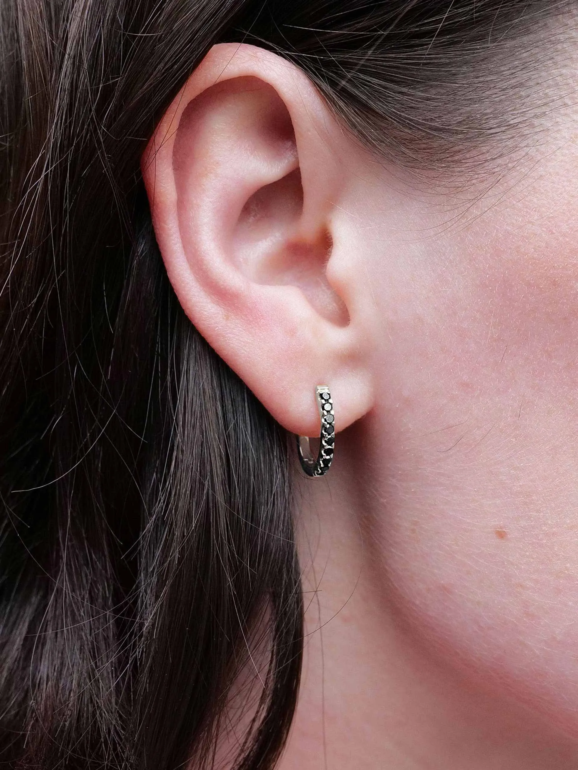 Black diamond and silver huggie hoops