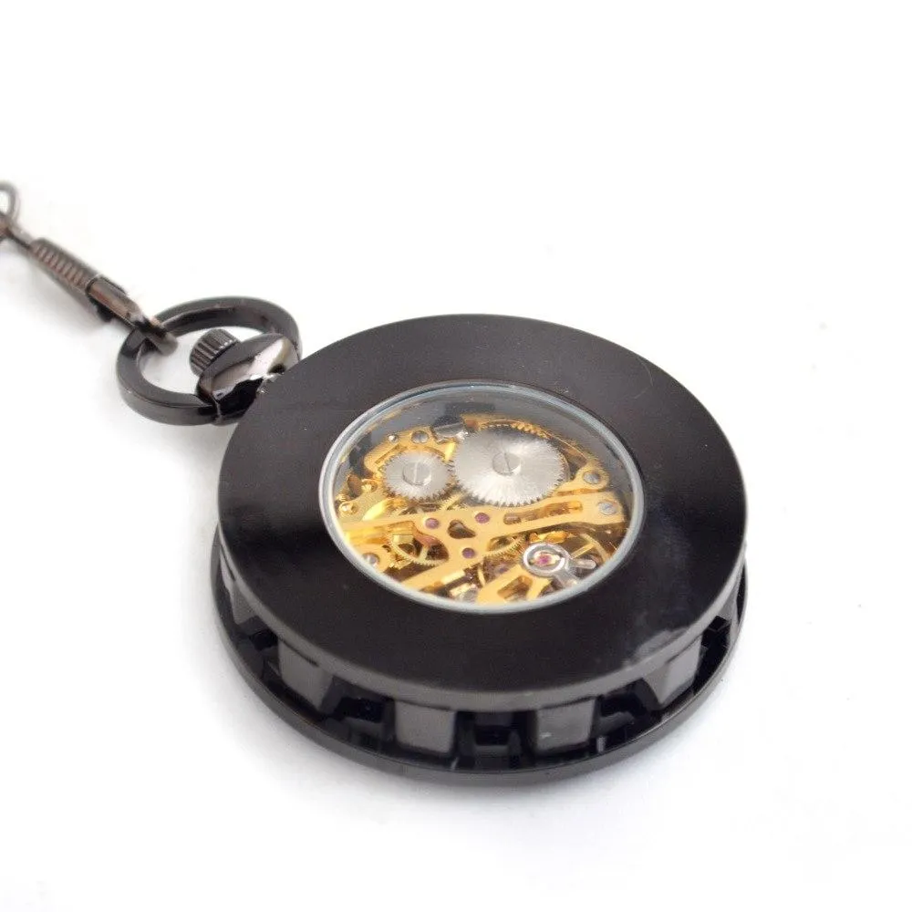 Black Gear Cog Mechanical Hand Wind Pocket Watch