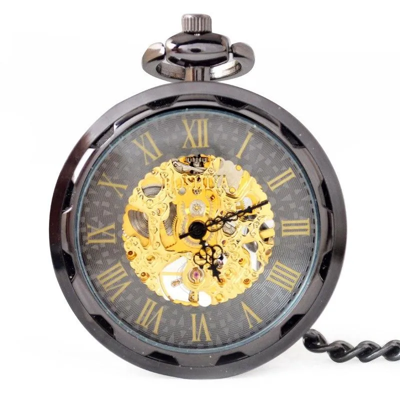 Black Gear Cog Mechanical Hand Wind Pocket Watch