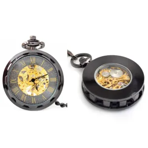 Black Gear Cog Mechanical Hand Wind Pocket Watch