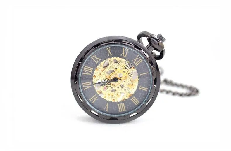 Black Gear Cog Mechanical Hand Wind Pocket Watch
