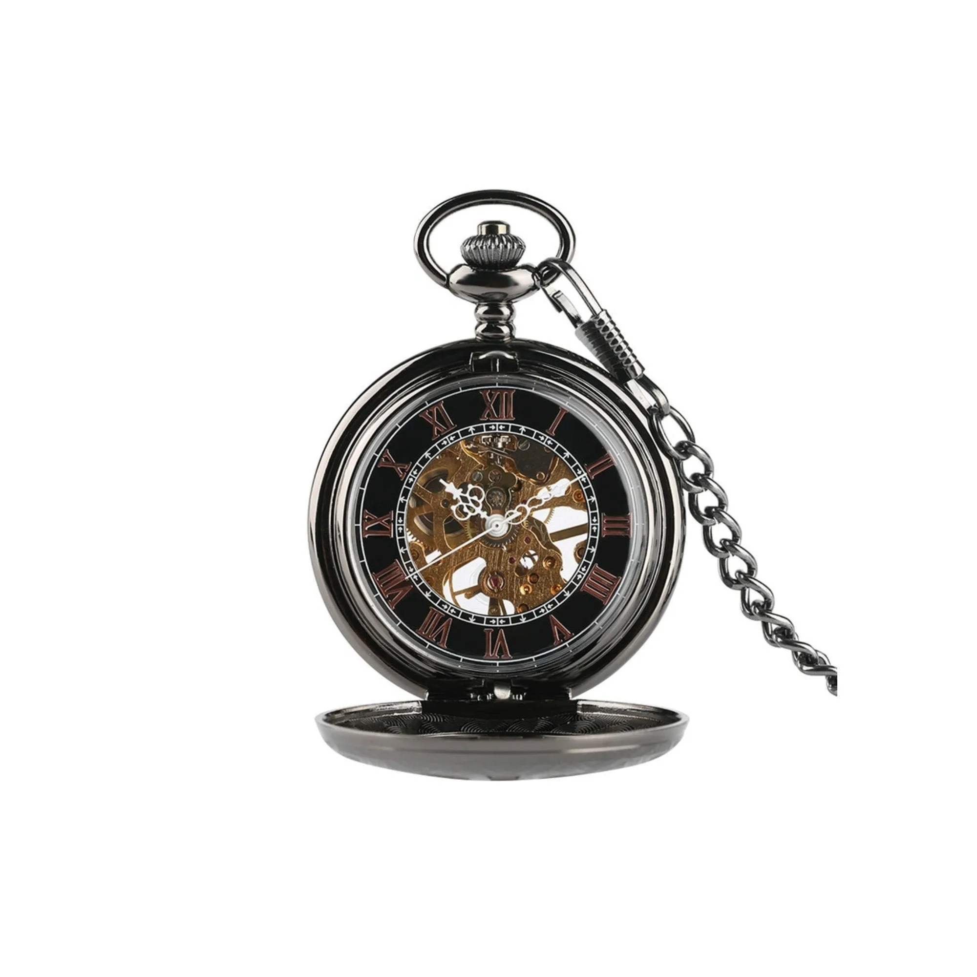Black Roman Numerals Mechanical Hand Wind Pocket Watch