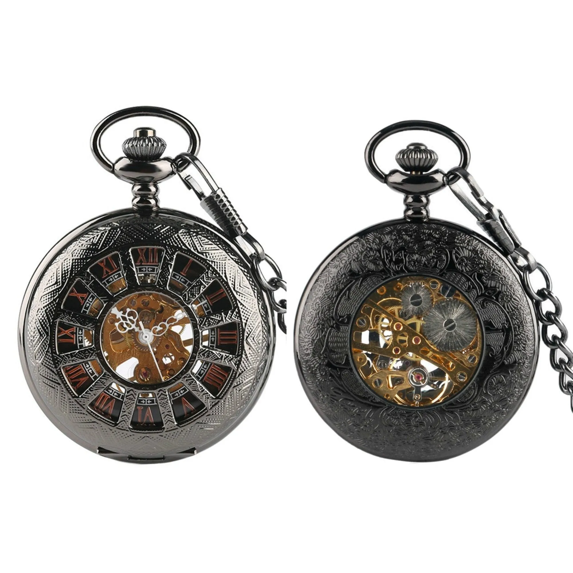Black Roman Numerals Mechanical Hand Wind Pocket Watch