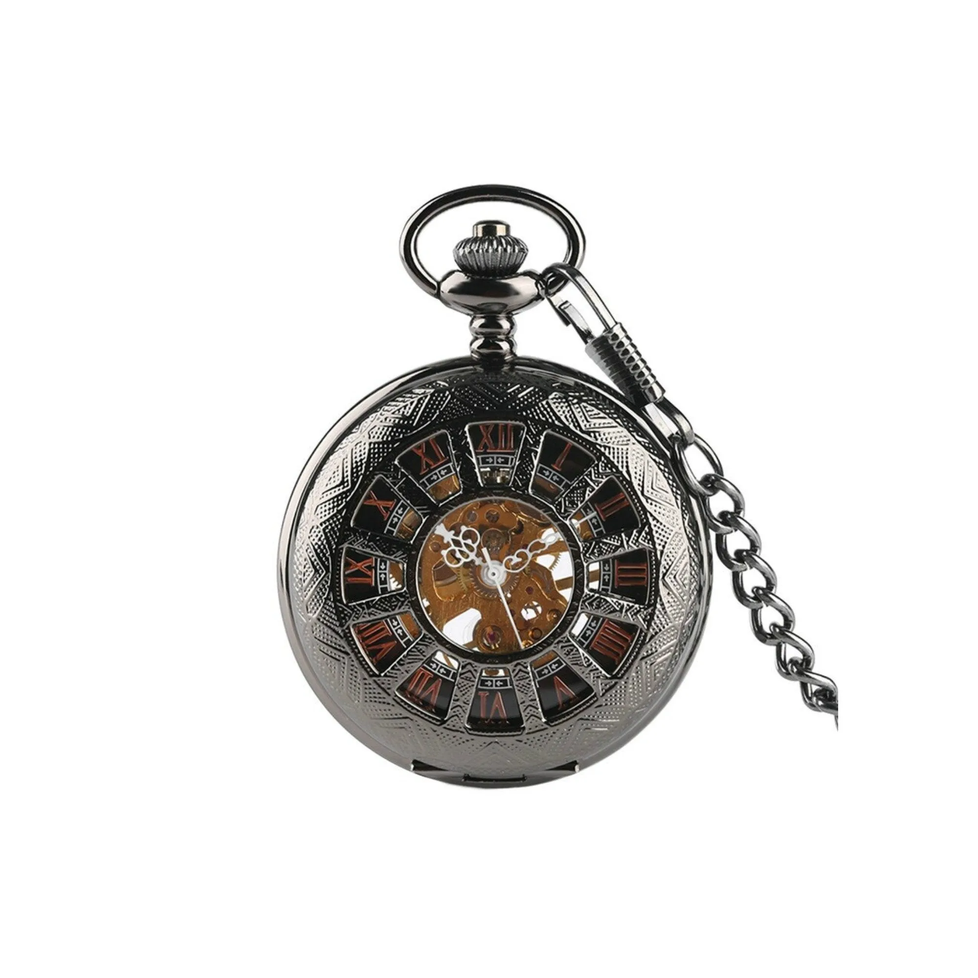 Black Roman Numerals Mechanical Hand Wind Pocket Watch