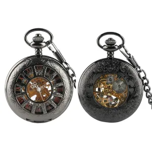 Black Roman Numerals Mechanical Hand Wind Pocket Watch