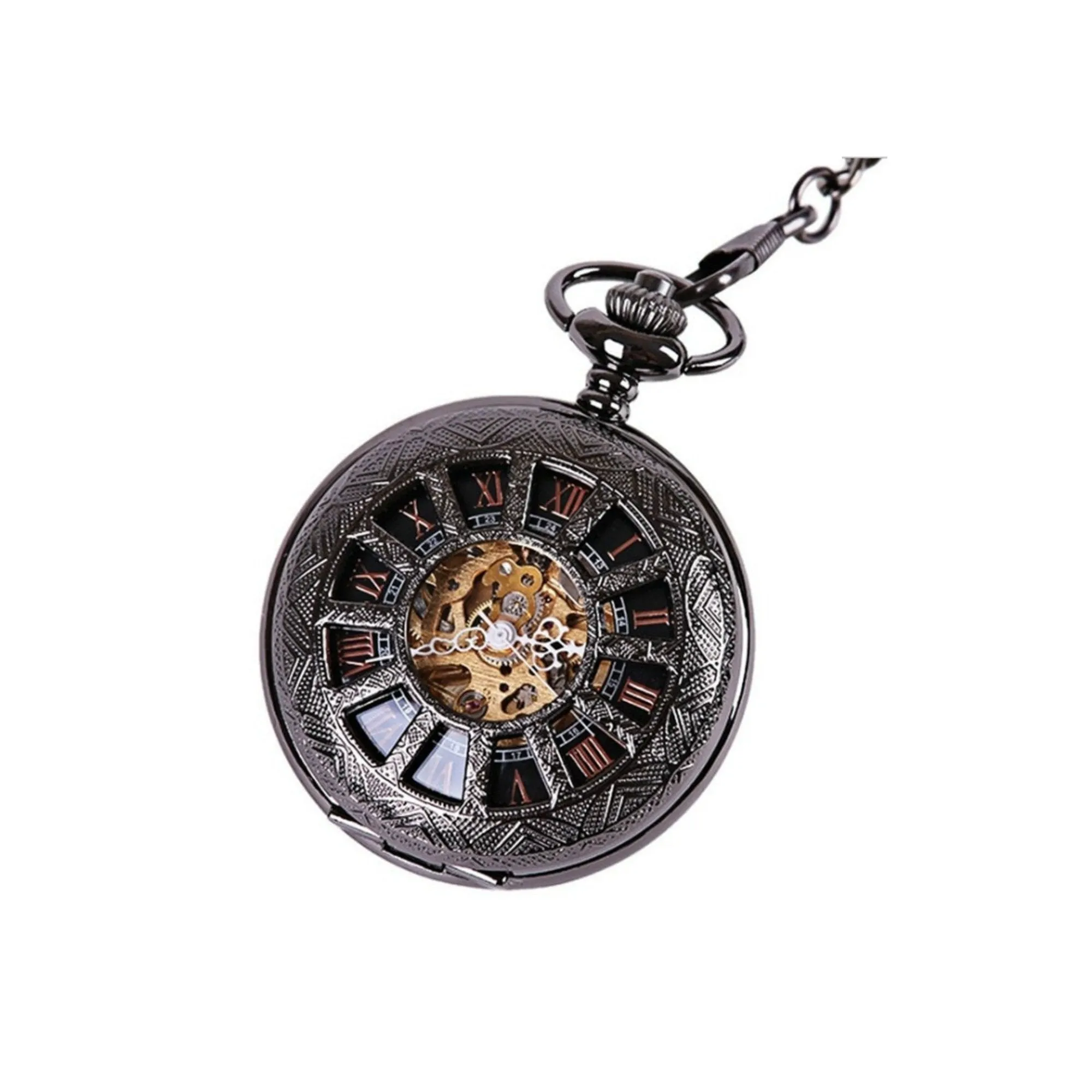 Black Roman Numerals Mechanical Hand Wind Pocket Watch