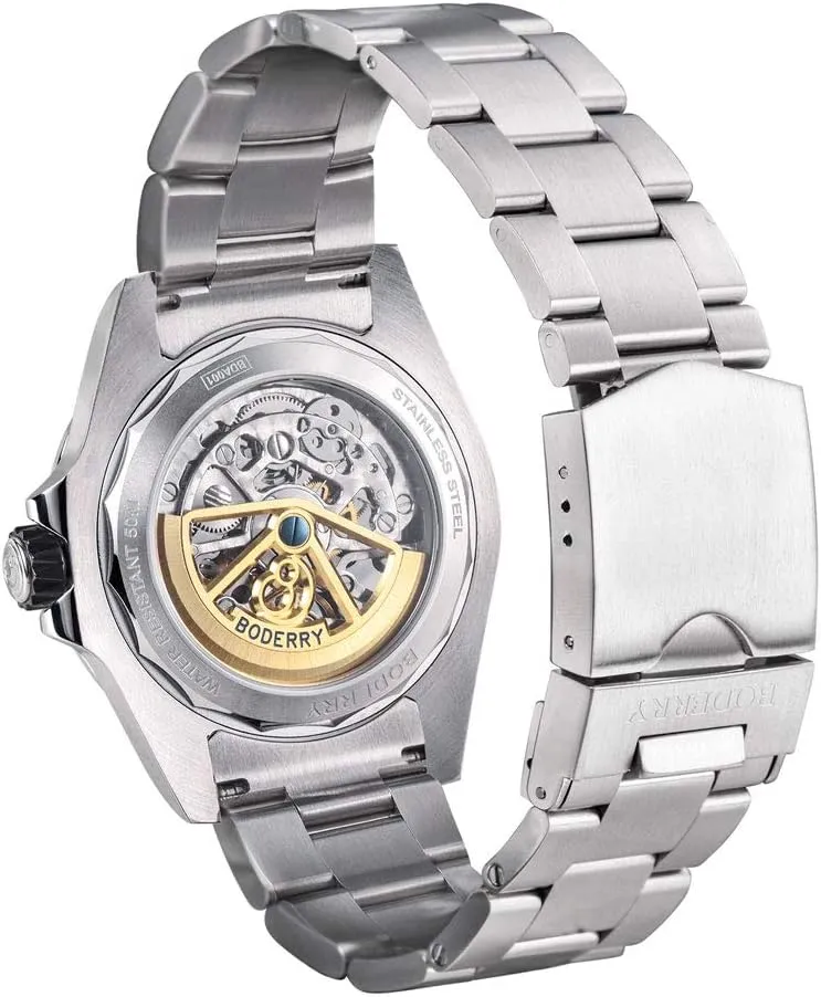 BODERRY Original Urban Mens 72H Power-Reserve Stainless Steel Skeleton Watches Fashion Automatic-Self-Winding Mechanical Luminous Wrist Watch with Rubber/Leather Strap