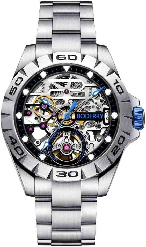 BODERRY Original Urban Mens 72H Power-Reserve Stainless Steel Skeleton Watches Fashion Automatic-Self-Winding Mechanical Luminous Wrist Watch with Rubber/Leather Strap
