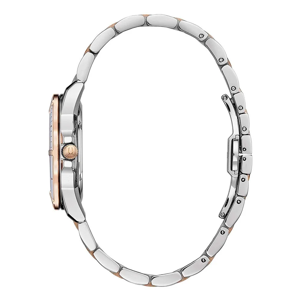 Bulova Marine Star Womens Silver/Rose Gold Stainless Steel Band Mother of Pearl Quartz Dial Watch - 98P187
