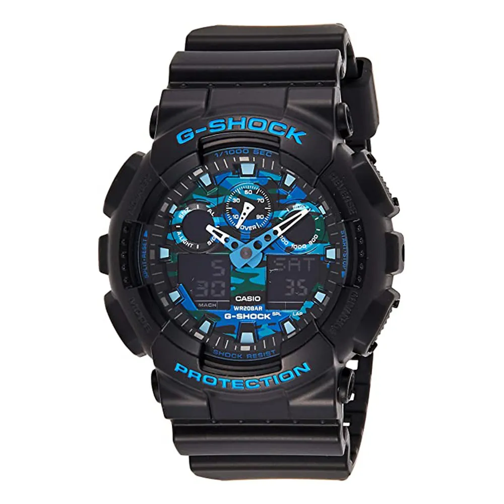 Casio Mens G-Shock Graphic Blue Dial Black Band Resin Quartz Watch - GA100CB-1