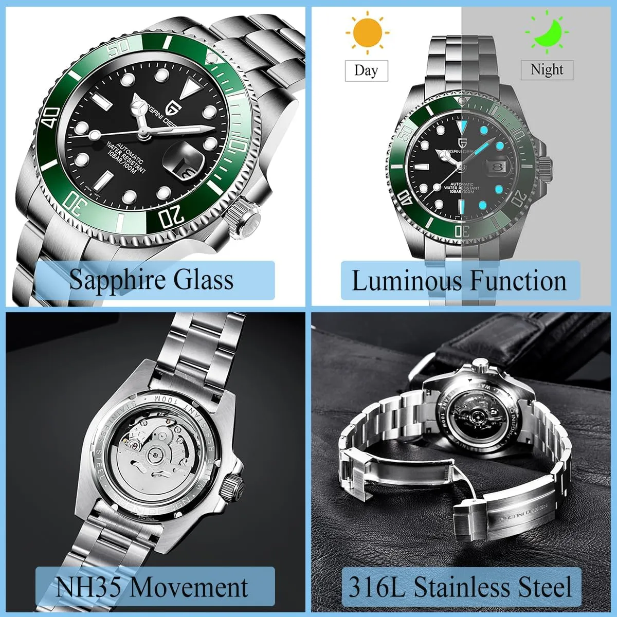 CEYADG Pagani Design Watches for Men Japan NH35 Movement Automatic Watch 40mm Stainless Steel Diver Waterproof Sapphire Crystal Sport Mens Watches