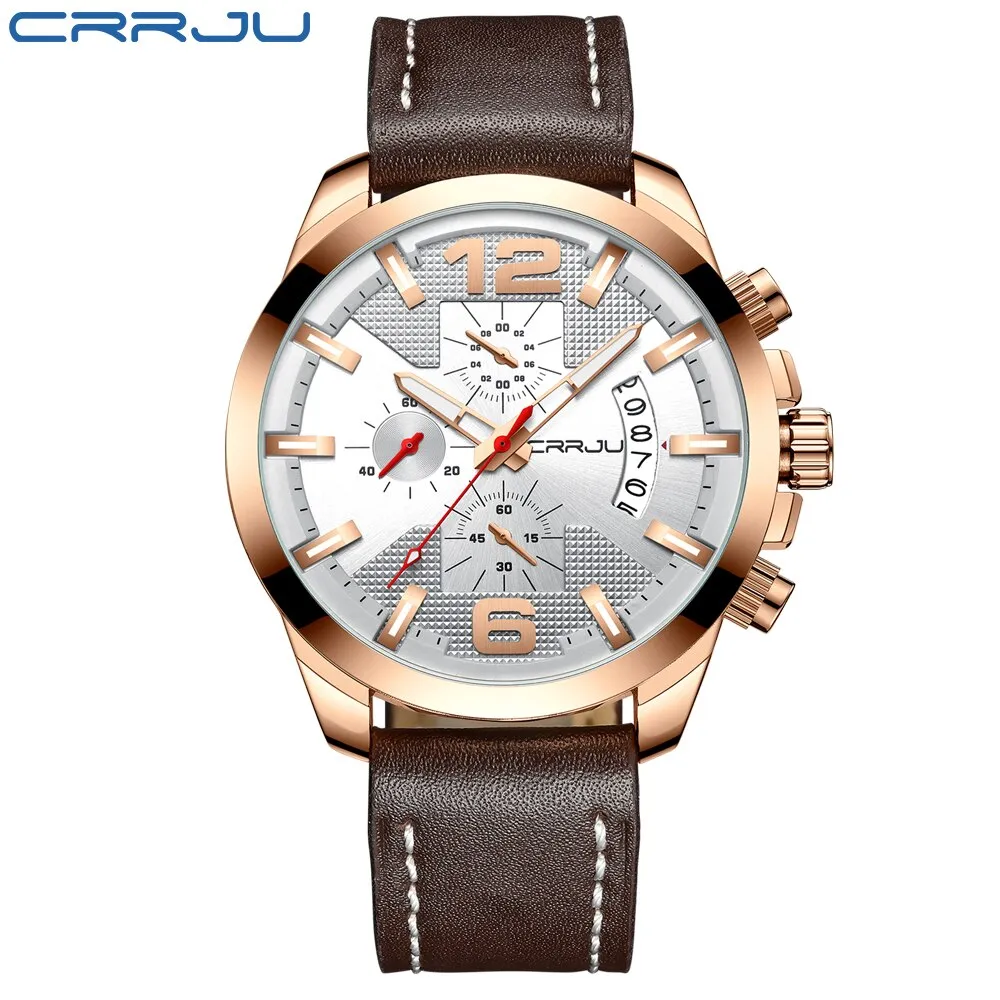 CRRJU Men‘s Watch Fashion Leather Watches s Waterproof Date Analog Quartz Man Wrist Watches reloj hombre