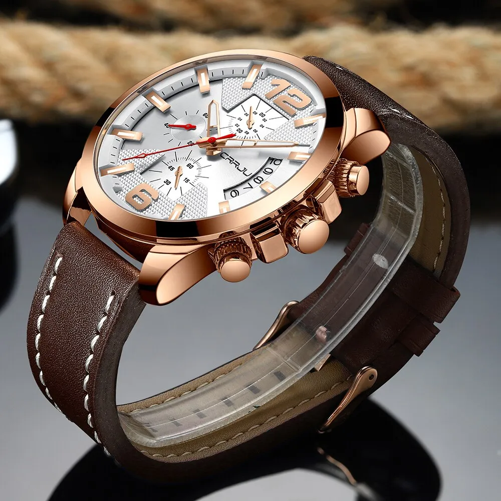 CRRJU Men‘s Watch Fashion Leather Watches s Waterproof Date Analog Quartz Man Wrist Watches reloj hombre