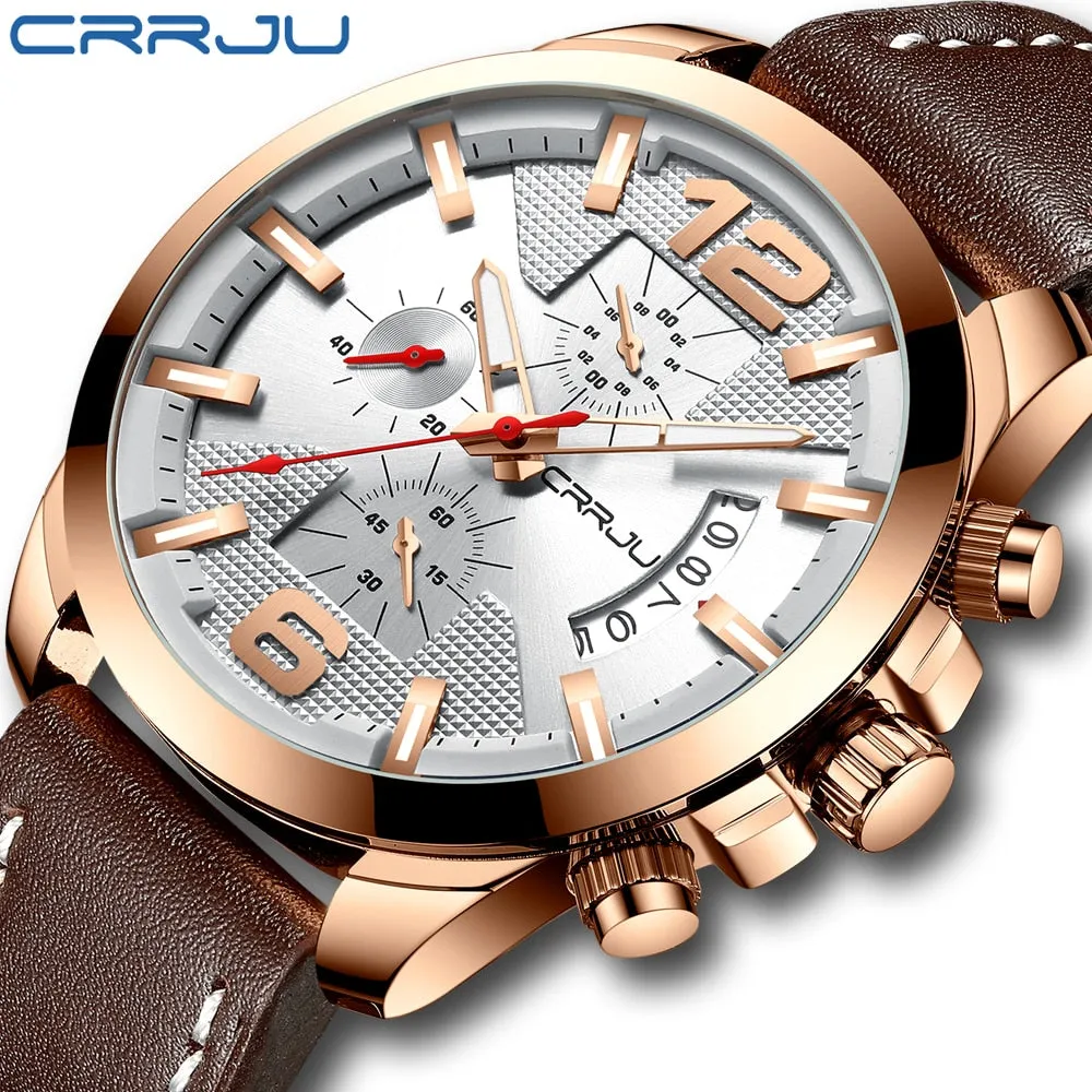 CRRJU Men‘s Watch Fashion Leather Watches s Waterproof Date Analog Quartz Man Wrist Watches reloj hombre