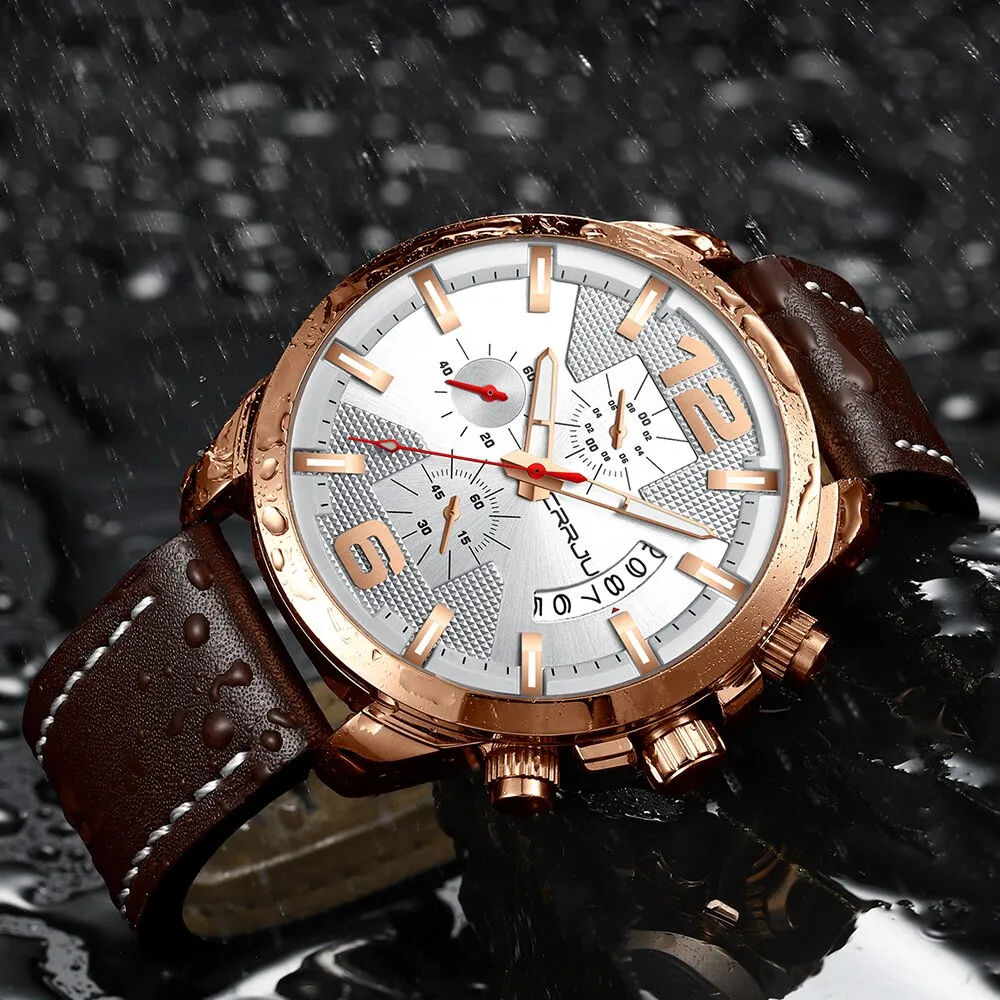 CRRJU Men‘s Watch Fashion Leather Watches s Waterproof Date Analog Quartz Man Wrist Watches reloj hombre