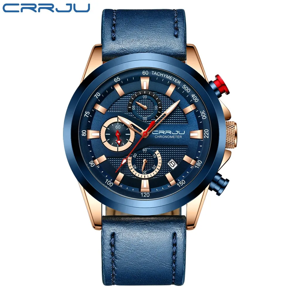 CRRJU Men‘s Watch Fashion Leather Watches s Waterproof Date Analog Quartz Man Wrist Watches reloj hombre