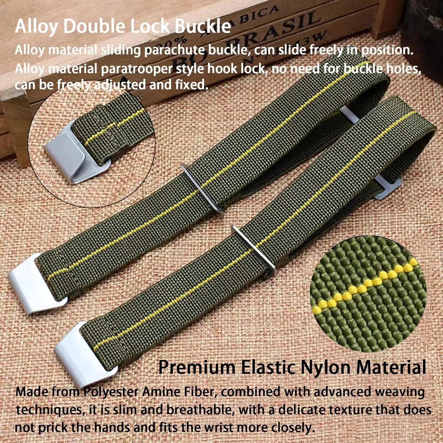 Elastic Nylon Watch Band French Troops Paratrooper Military Parachute Style 18mm 20mm 22mm Hook-and-Loop Premium Striped Fabric Nylon Replacement Watch Strap for Men Women